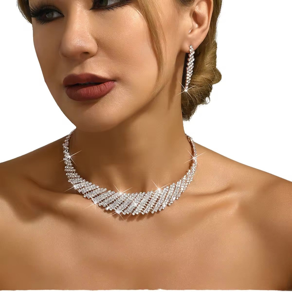 European American Exquisite Crystal Rhinestone Collarbone Necklace Earrings Set