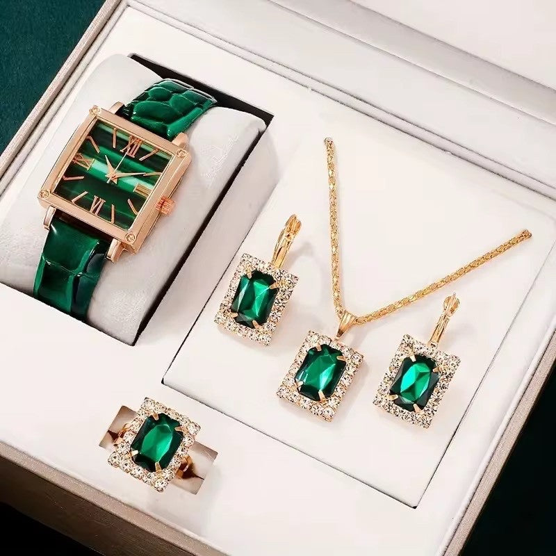 5pcs Women Watch Jewelry Set – Vintage Square Quartz, Ring Necklace Earrings