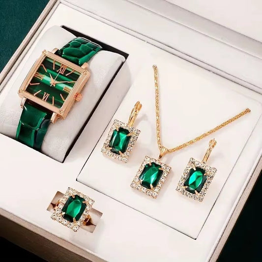 5pcs Women Watch Jewelry Set – Vintage Square Quartz, Ring Necklace Earrings