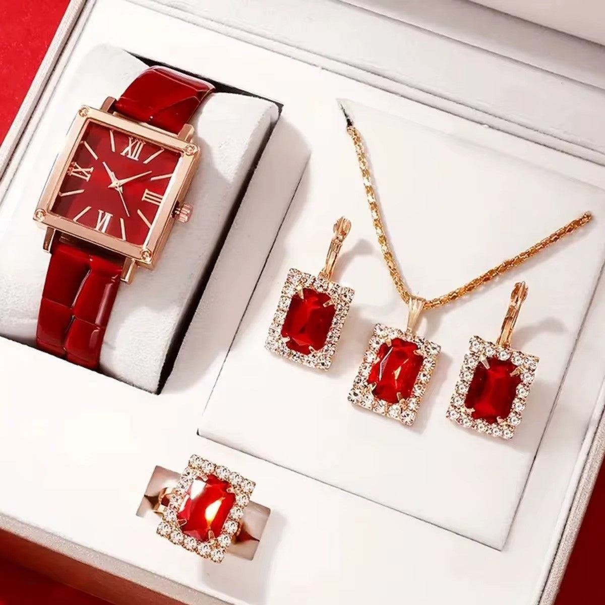 5pcs Women Watch Jewelry Set – Vintage Square Quartz, Ring Necklace Earrings