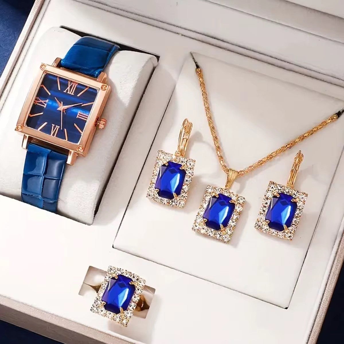 5pcs Women Watch Jewelry Set – Vintage Square Quartz, Ring Necklace Earrings