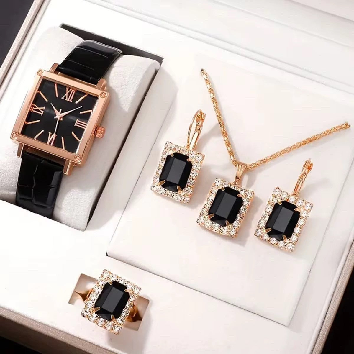 5pcs Women Watch Jewelry Set – Vintage Square Quartz, Ring Necklace Earrings